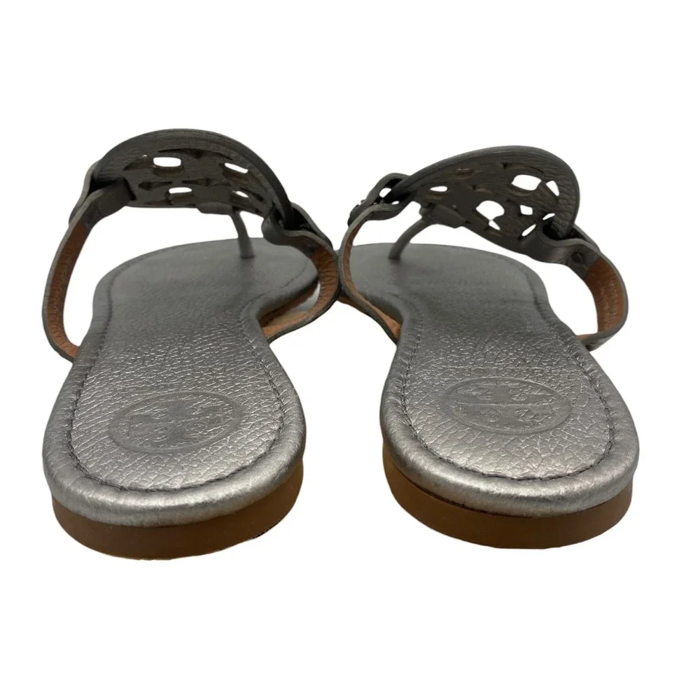 Tory Burch Miller Metallic Pewter Silver Leather Logo Thong Sandals Shoes 9M